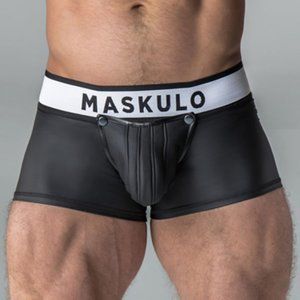 MASKULO Black Rubber Look Boxer Brief, Zip Rear,Detachable Padded Cod Piece, 3XL